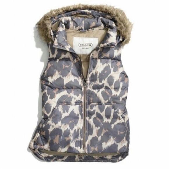 NWOT Coach Hooded Animal Print Down Puffer Vest with Removable Faux Fur - Picture 1 of 5